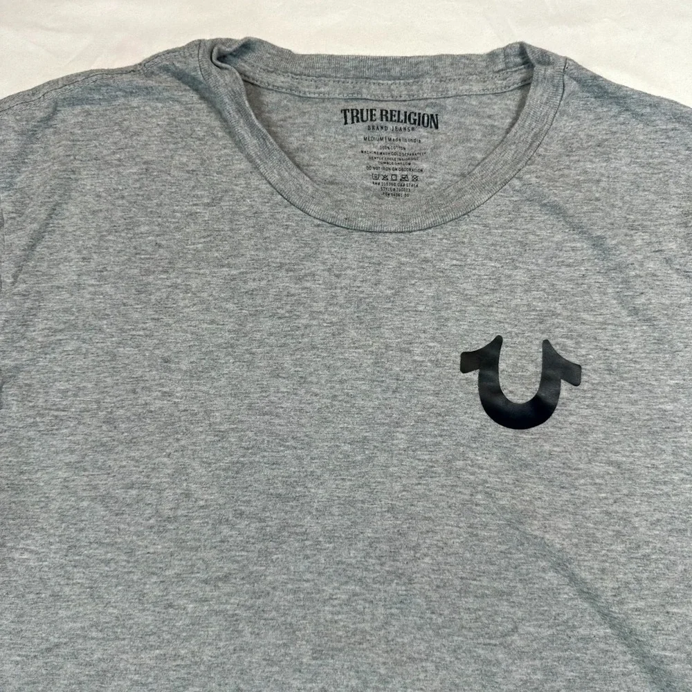 True Religion T Shirt Mens Medium Heathered Gray Graphic Print Logo Short Sleeve